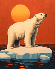 A majestic polar bear stands on an ice floe against a vibrant sunset, showcasing the beauty of wildlife in a warming climate.