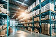 © Yauhen - A spacious warehouse filled with neatly organized shelves and packed boxes under bright artificial lighting during daytime operations