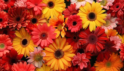 Vibrant Blooms: A Symphony of Red, Yellow, Pink, Salmon Pink, and Marigold Orange Flowers