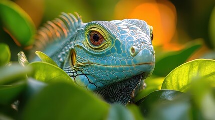 Wall Mural - a curious iguana peeks through vibrant green foliage its scaly skin blending with the leaves macro shot with shallow depth of field focusing on the reptiles inquisitive eye