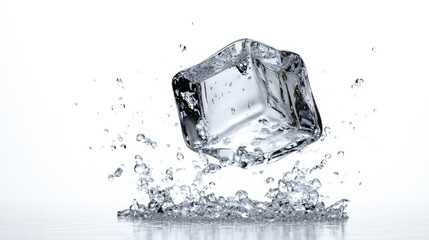 Poster - Falling ice cube perfectly isolated on white, with sharp focus and full depth of field, emphasizing its transparency and coolness.