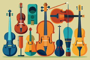 set of different violins, string instruments.vector images of musical instruments