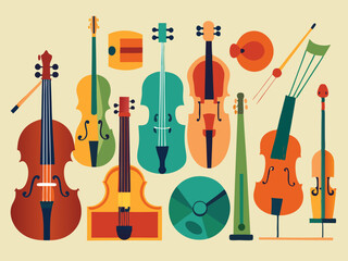 set of different violins, string instruments.vector images of musical instruments