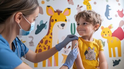 a child receiving a flu shot from a nurse in a pediatric office decorated with cheerful animal mural
