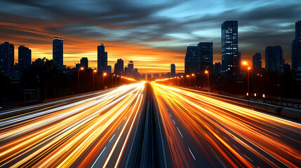 Wall Mural - A vibrant cityscape at sunset with light trails on a highway.