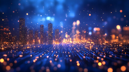 Wall Mural - A vibrant cityscape with glowing lights and a digital atmosphere.