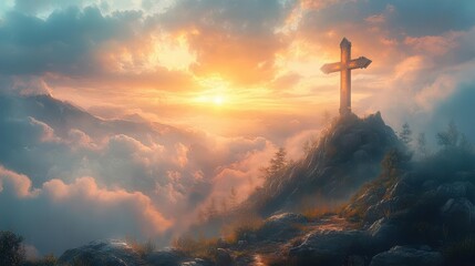 Wall Mural - a radiant cross atop a misty mountain sunbeams piercing clouds ethereal atmosphere with dramatic contrast and spiritual symbolism