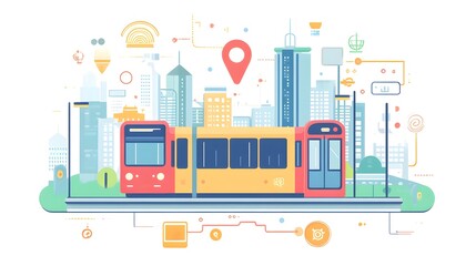 Wall Mural - a flat design of a public transportation app with bus, train, and subway icons