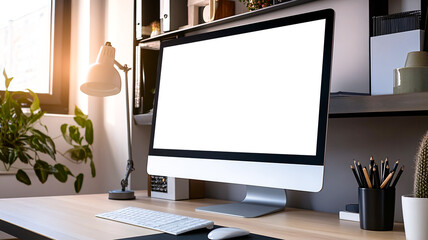 Poster - Blank computer screen mockup on desk of modern home office