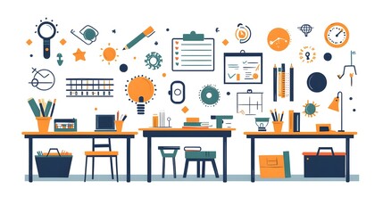 Wall Mural - flat design of a classroom poster with educational icons for different subjects