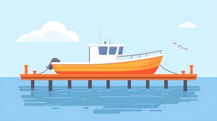 Wall Mural - flat design of a boat docked by a pier with minimal elements
