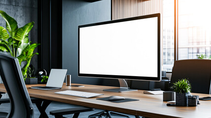 Poster - Blank computer screen mockup on table of conference room