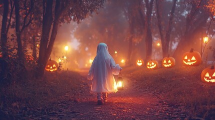 A child in a ghost costume holding a lantern walking through a foggy park at night glowing jack o lanterns lining the pathway