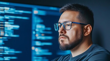 Coder designing database, digital displays, advanced tech environment, glowing blue