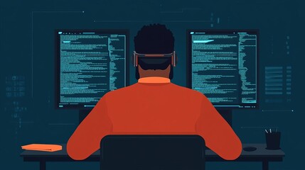 Coder working on database elements, augmented screens, futuristic environment