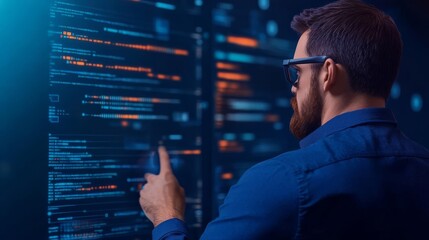 Coder working on database elements, augmented screens, futuristic environment