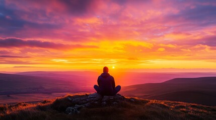 Man Contemplating Stunning Sunset View Over Mountains