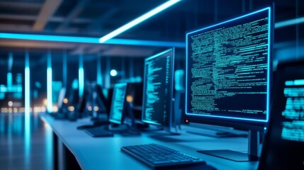 Database architecture coding, augmented reality, high-tech office, blue neon