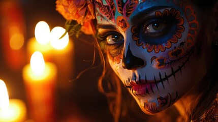 A close-up of a detailed sugar skull painted on a young woman's face, vibrant colors and intricate designs reflecting cultural heritage, soft candlelight creating a warm, haunting glow