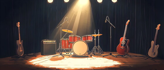 a flat vector illustration of an empty stage with a drum set and guitar, a music studio background, black curtains, suitable for a widescreen wallpaper, A golden spotlight shines down from above.