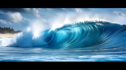 Sticker - A vibrant ocean wave crashing against the shore under a blue sky.