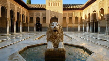 The Alhambra Patio de los Leones, with its iconic lion fountain and intricate colonnade.