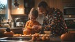 © keetazalay - A multicultural family in Halloween pajamas carves pumpkins in their kitchen, with the scent of baked goods in the air and eerie decorations hanging from the cabinets