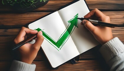 Wall Mural - Dynamic graph illustration with a positive trend sketched in a notebook, highlighting growth using a vibrant green pen and an upward arrow