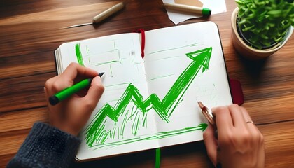 Wall Mural - Dynamic graph illustration with a positive trend sketched in a notebook, highlighting growth using a vibrant green pen and an upward arrow