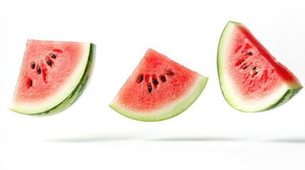 Wall Mural - Slices of watermelon in mid-air, perfectly isolated on white, with full depth of field highlighting their refreshing texture