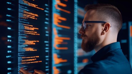 Holographic data visualization, coder working on database, high-tech environment
