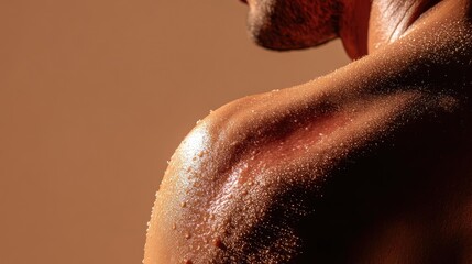 Close-up of a well-defined shoulder with glistening skin, showcasing texture and detail against a warm background.