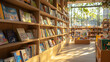 © TyliJura - Bright and cozy children's bookstore with organized wooden shelves, colorful books, and warm sunlight through large windows, peaceful and inviting reading space, bookshop interior design.