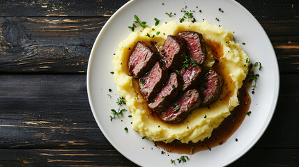 Wall Mural - Grilled beef tenderloin slices are served on a bed of mashed potatoes and gravy on a white plate