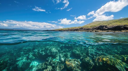 The clear blue waters of the Galapagos Islands, with a snorkeling tour exploring the coral reefs.