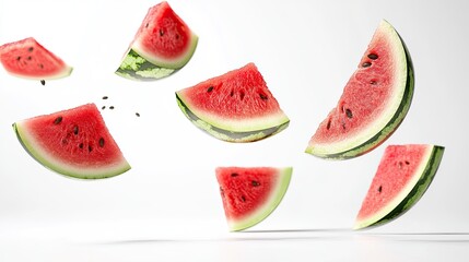 Canvas Print - Watermelon slices falling through the air, isolated against a white background, with full depth of field capturing their juicy,