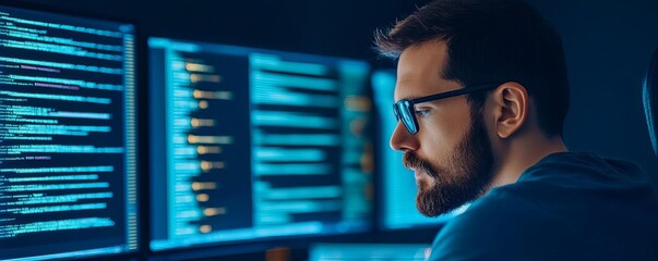 Programmer coding database elements, virtual displays, high-tech environment, neon blue