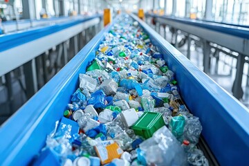 Plastic Bottles and Containers on a Conveyor Belt in a Recycling Facility