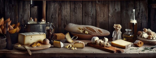 Wall Mural - Rustic cheese and bread arrangement on a wooden table