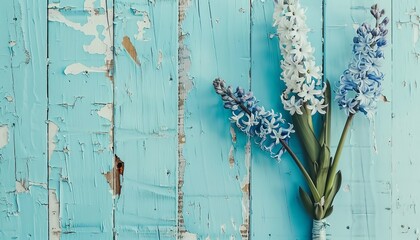 Turquoise Tranquility: Hyacinths and Willow Flowers on Painted Planks