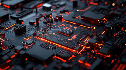 Wall Mural - Technology background featuring an abstract computer motherboard. Ideal for describing technological processes, science, and education. Can also be used as a digital dynamic wallpaper. 3D rendering.