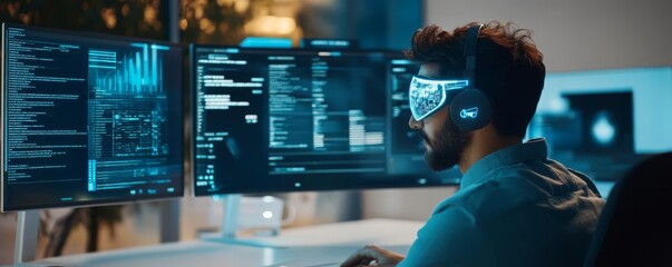 Programmer optimizing database tools, holographic interface, futuristic office