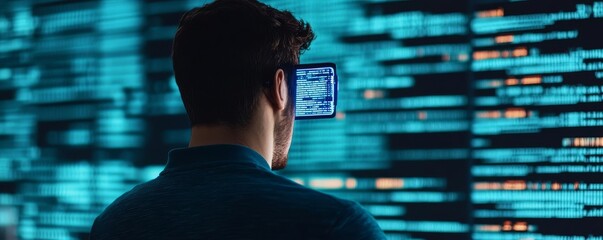 Programmer optimizing database, holographic projections, modern tech setup