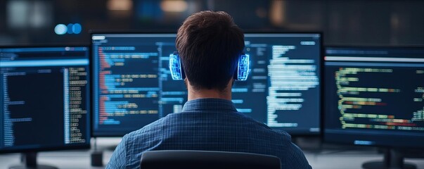 Programmer optimizing database, holographic projections, modern tech setup
