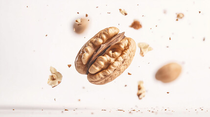 A walnut splits in mid-air, showcasing its unique texture and color against a clean, white background