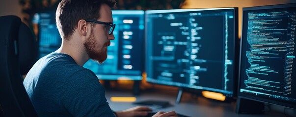 Programmer optimizing database, holographic projections, modern tech setup