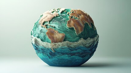 30. A vibrant 3D paper cut globe, with detailed layers of continents in green and brown hues, and smooth blue oceans. The globe floats on a solid light background, creating a modern and artistic