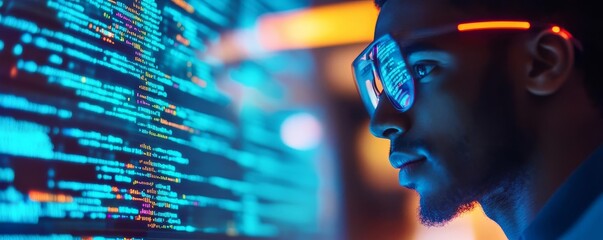 Programmer with virtual tools, coding database, futuristic environment, glowing blue