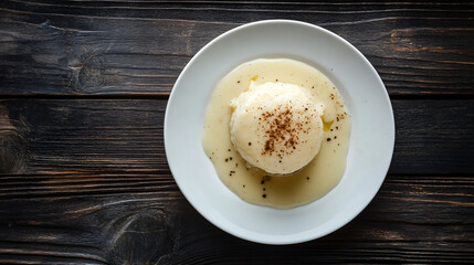 Wall Mural - Semolina dumpling dessert with vanilla sauce and cinnamon served on a white plate on a rustic wooden table