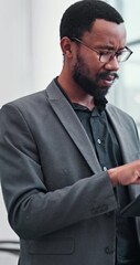 Canvas Print - Black man, tablet or thinking in office for business, planning or confused with schedule. Investor, tech or doubt in lobby for mistake, misunderstanding or investment error in online application